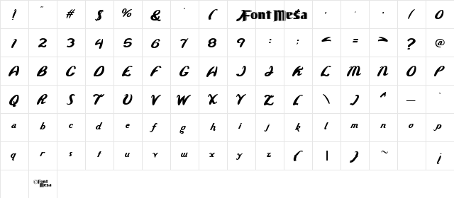 Wild Ride Regular  glyph index