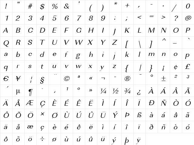 RicoBeckerExtended Italic  glyph index