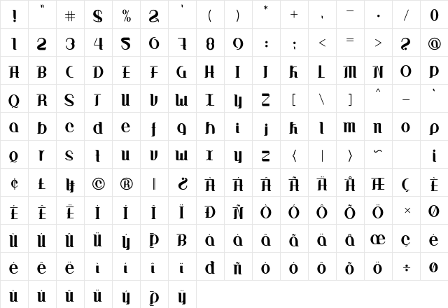 Difique menre Regular  glyph index