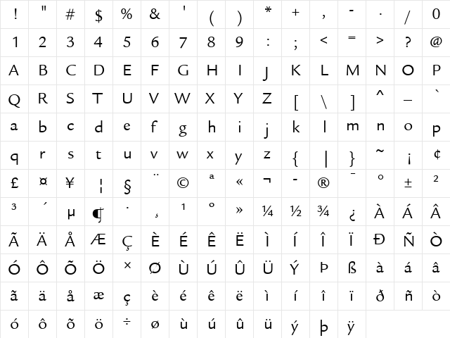 ITCLegacySans LT Book Regular  glyph index