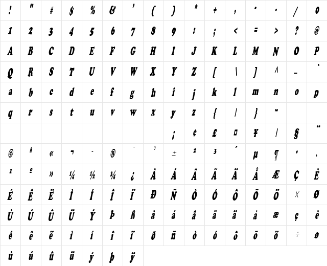 Cupid-Condensed Italic  glyph index