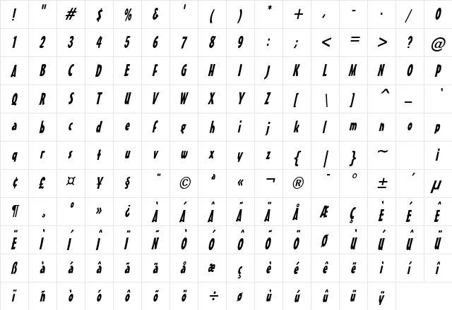 Massey Condensed Italic  glyph index