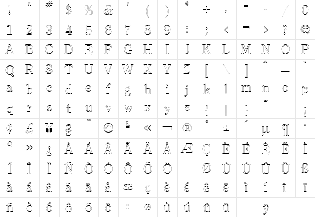 Clearface Outline Regular  glyph index
