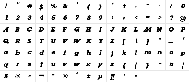 LugaAdC Bold Italic  glyph index