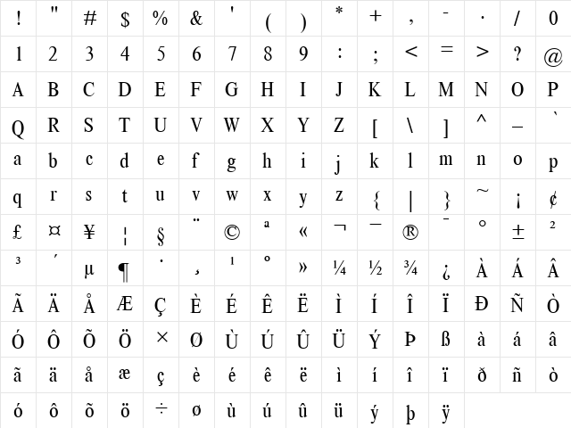 ThamesCondensed Regular  glyph index
