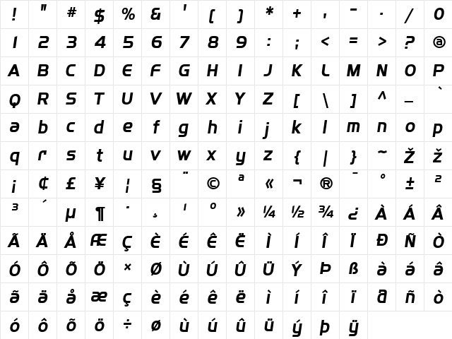 SF Fourche Bold Italic  glyph index