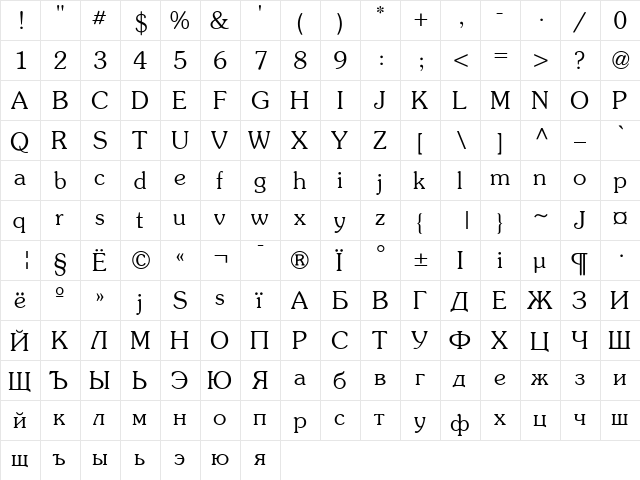 Prestige-Roman Medium  glyph index
