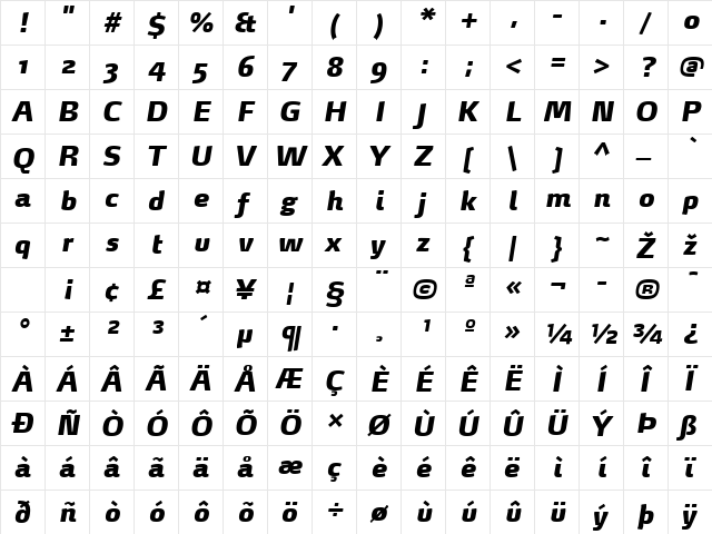 MaxDemiSerif-BlackItalic Regular  glyph index