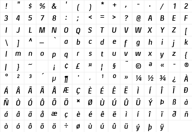 Xenu Bold Italic  glyph index