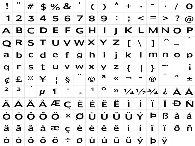 Humana Wd Regular  glyph index