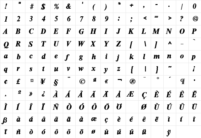 RomanLH Bold Italic  glyph index