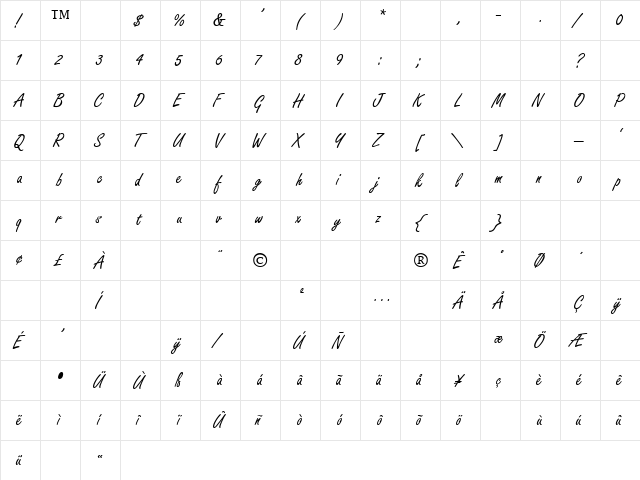 FreestyleScriptThin Regular  glyph index