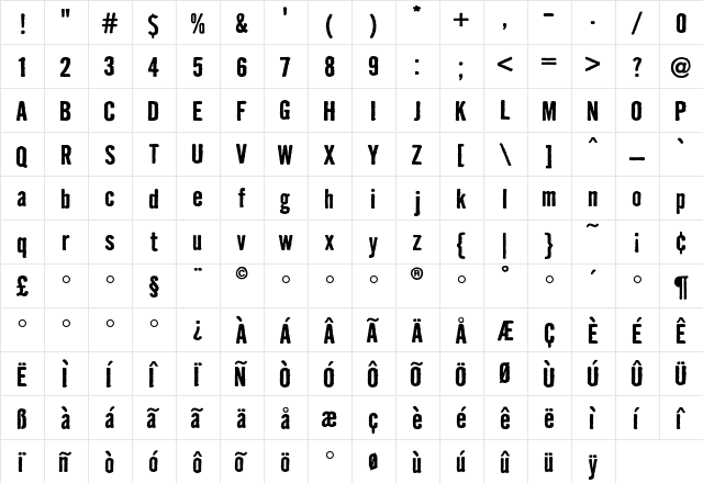 Badhouse Bold  glyph index