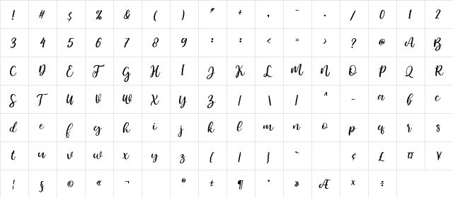 Bamella Italic  glyph index