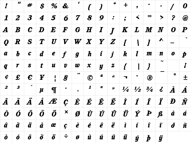 Calgary-Heavy Italic  glyph index