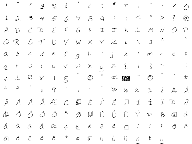 MonicasHand Regular  glyph index