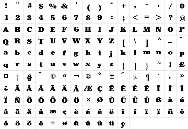 Cheltenham ITC BQ Regular  glyph index