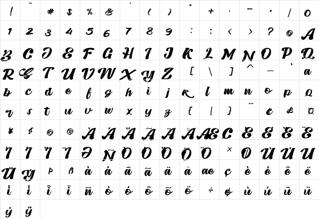 Skatter Regular  glyph index