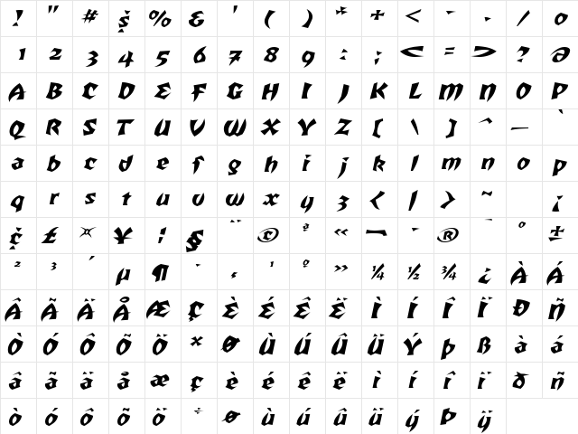 RemusExtended Italic  glyph index