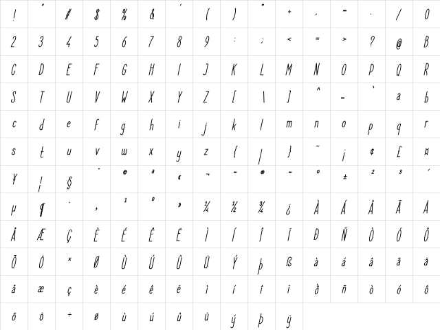 Elegant Sans SemiBold Italic  glyph index
