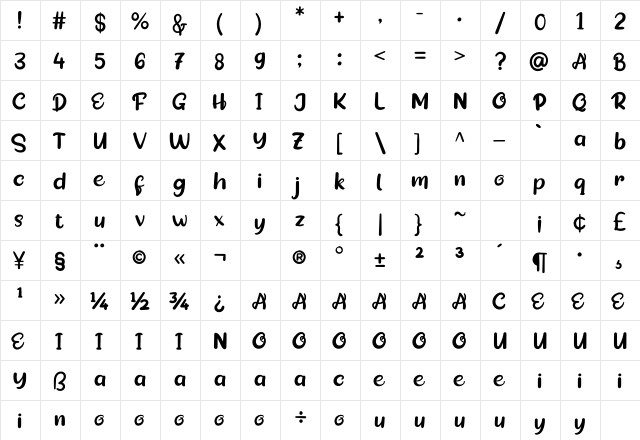 Freebie Regular  glyph index