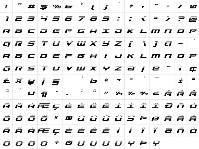 Gunship Halftone Italic Italic  glyph index