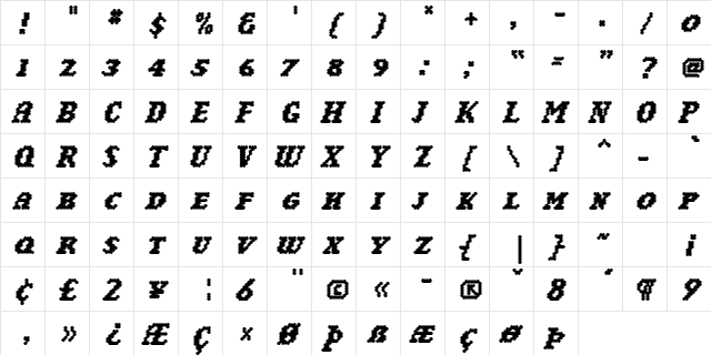NarlyBold Regular  glyph index