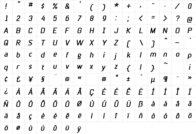 BetaSansBoldOblique Regular  glyph index
