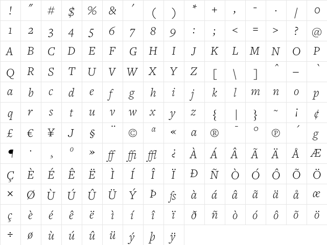 Freight Text Light Italic  glyph index