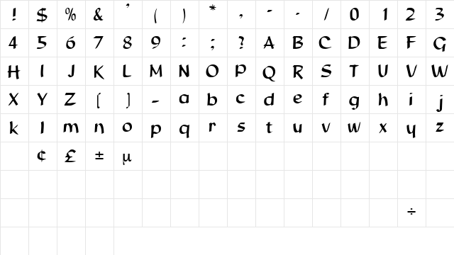 BeauregardDisplaySSK Regular  glyph index