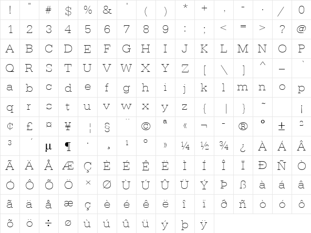 URWTypewriterTExtLigExtWid Regular  glyph index