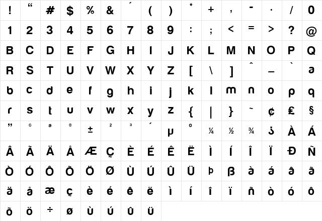 Harabara Regular  glyph index