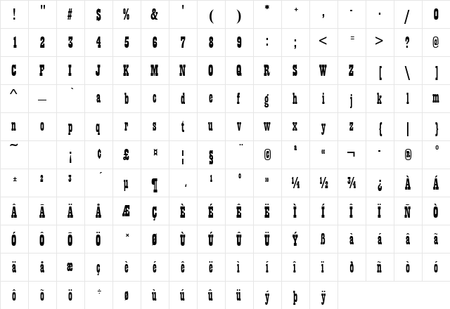 Playbill Regular  glyph index