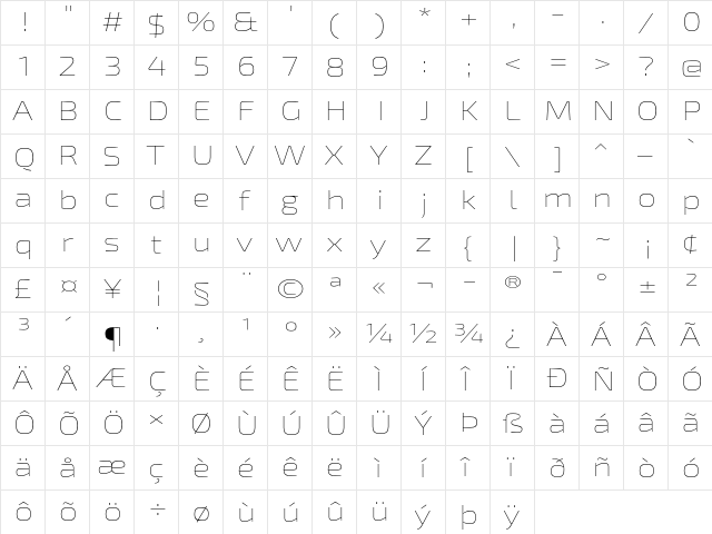Exo 2 Thin Expanded  glyph index
