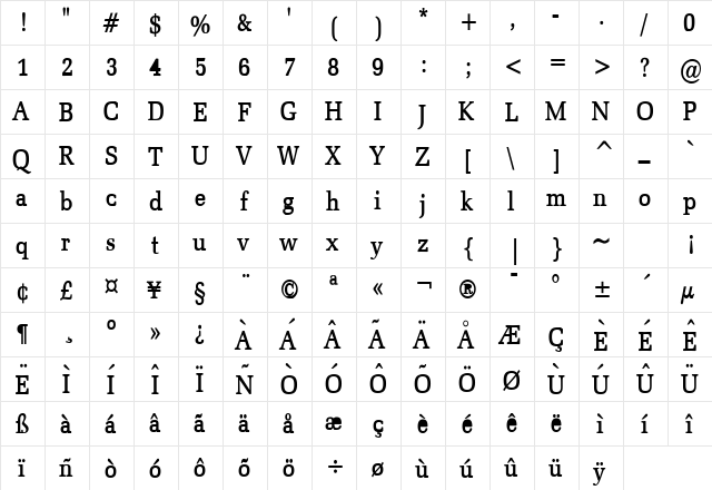 Bid Roman Condensed Bold  glyph index