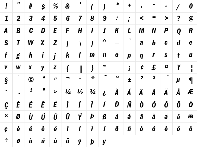 ITC Franklin Gothic Std Demi Condensed Italic  glyph index