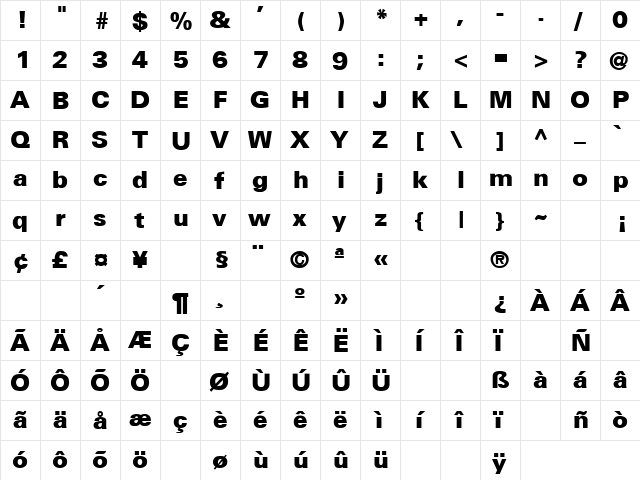 Black Dog 18 Regular  glyph index