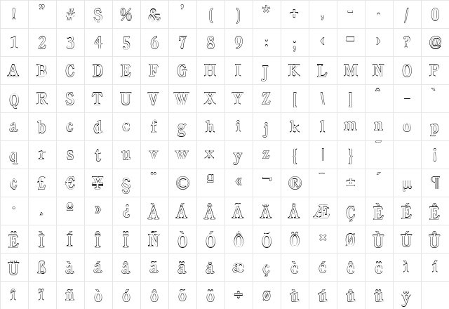 CalgaryOutline Regular  glyph index