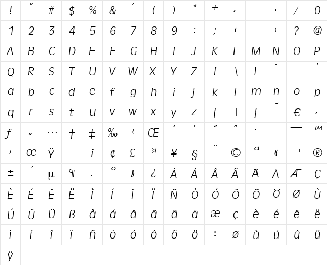 Ravenna-LightIta Regular  glyph index