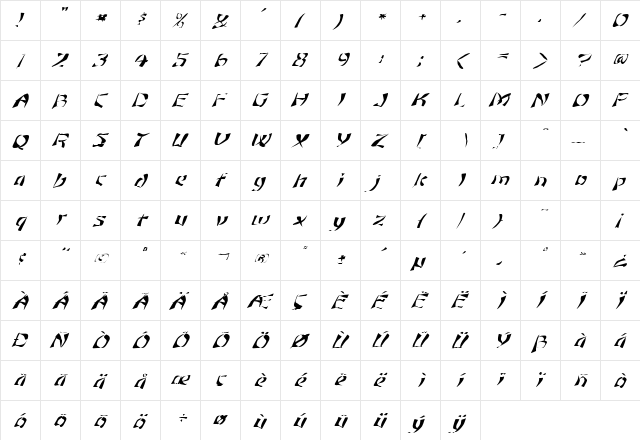 FZ WARPED 12 ITALIC Normal  glyph index