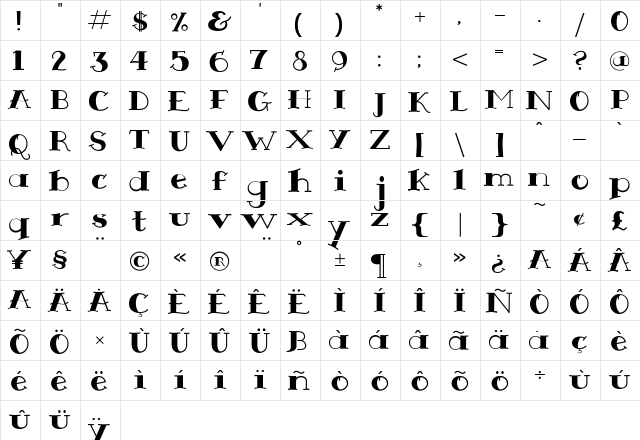 Sailor Gothic Bold  glyph index