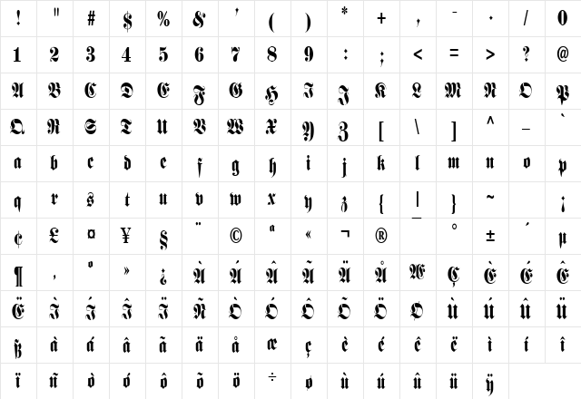 Frank Condensed Normal  glyph index