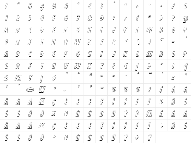 Antikythera 3D Italic Italic  glyph index