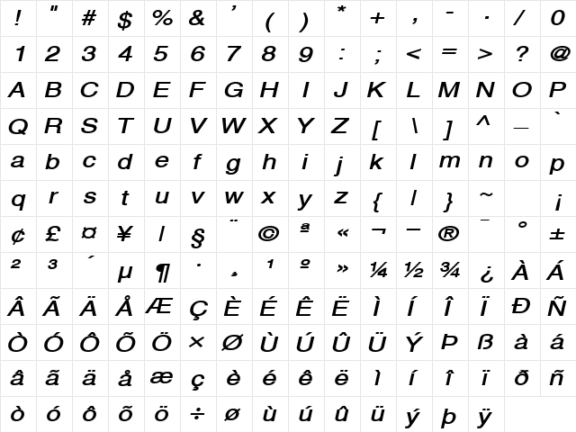 Alps Wide BoldItalic  glyph index