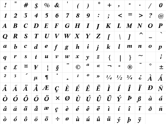 Life BT Bold Italic  glyph index