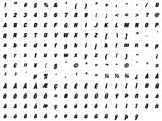 Helvetica Neue LT Pro 107 Extra Black Condensed Oblique  glyph index