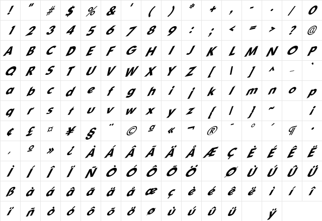 Superfly SF Bold Italic  glyph index