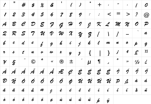 BrushScriptBT-Regular Regular  glyph index