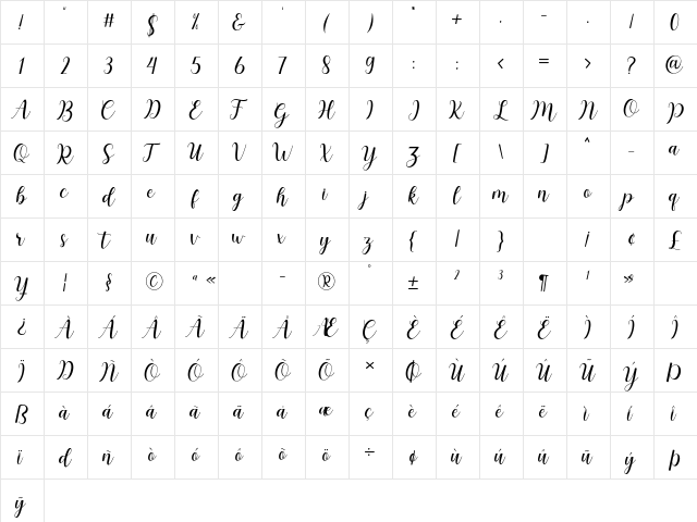 Marsheilla Regular  glyph index