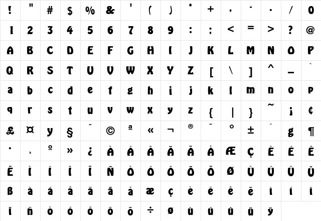 Hobo Bold  glyph index